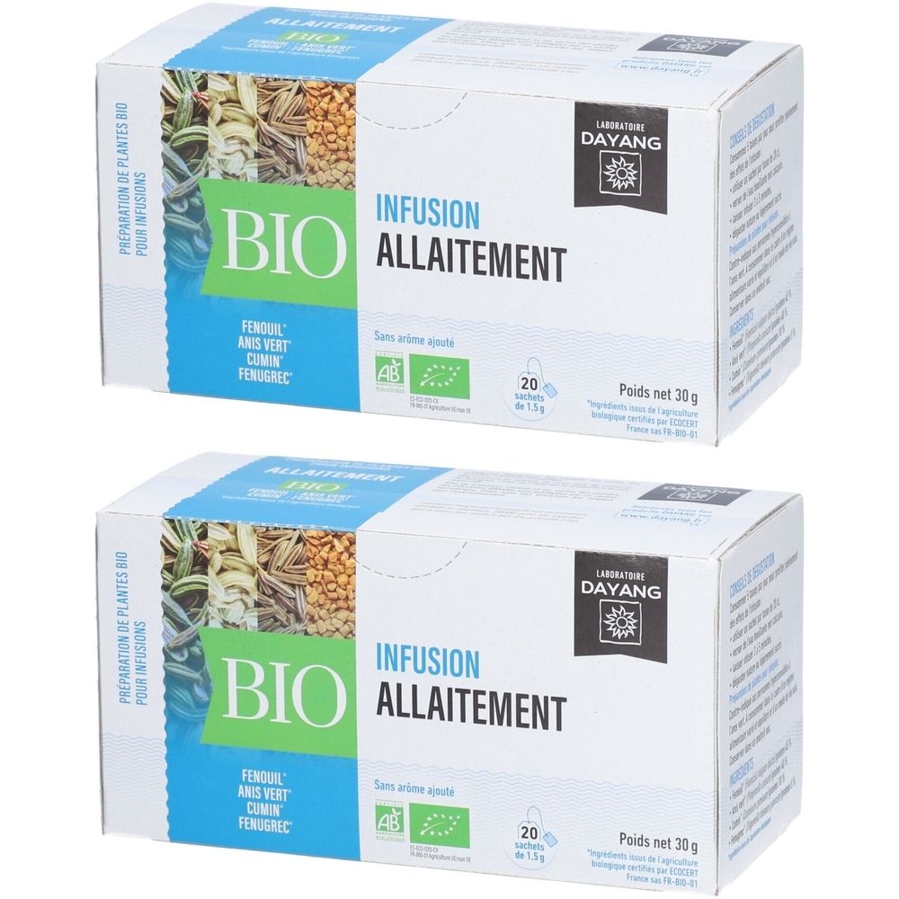 Deux boîtes de "Infusion Allaitement BIO". Logos, noms de produits et ingrédients visibles. Emballage contenant 20 sachets.