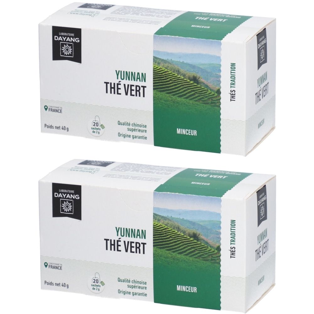 Deux boîtes de thé vert. Inscription: Yunnan Thé Vert, Dayang. Emballage de 20 sachets, origine France.