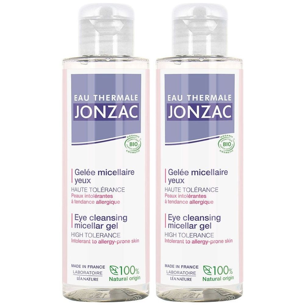 Deux flacons de Jonzac Gel Micellaire Démaquillant Yeux Bio. Flacons transparents, bouchon blanc, étiquette avec informations.