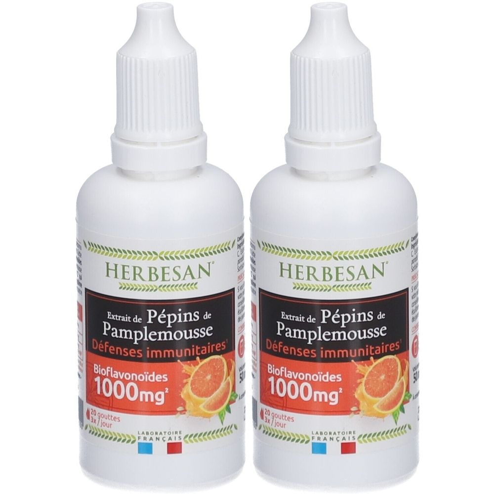 Deux flacons blancs avec bouchon compte-gouttes. Étiquettes avec "HERBESAN", "Extrait de Pépins de Pamplemousse" et "1000mg".
