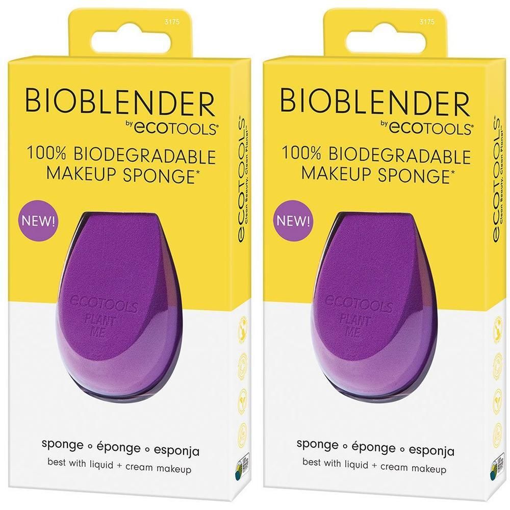 Deux éponges de maquillage violettes biodégradables EcoTools dans un emballage jaune.