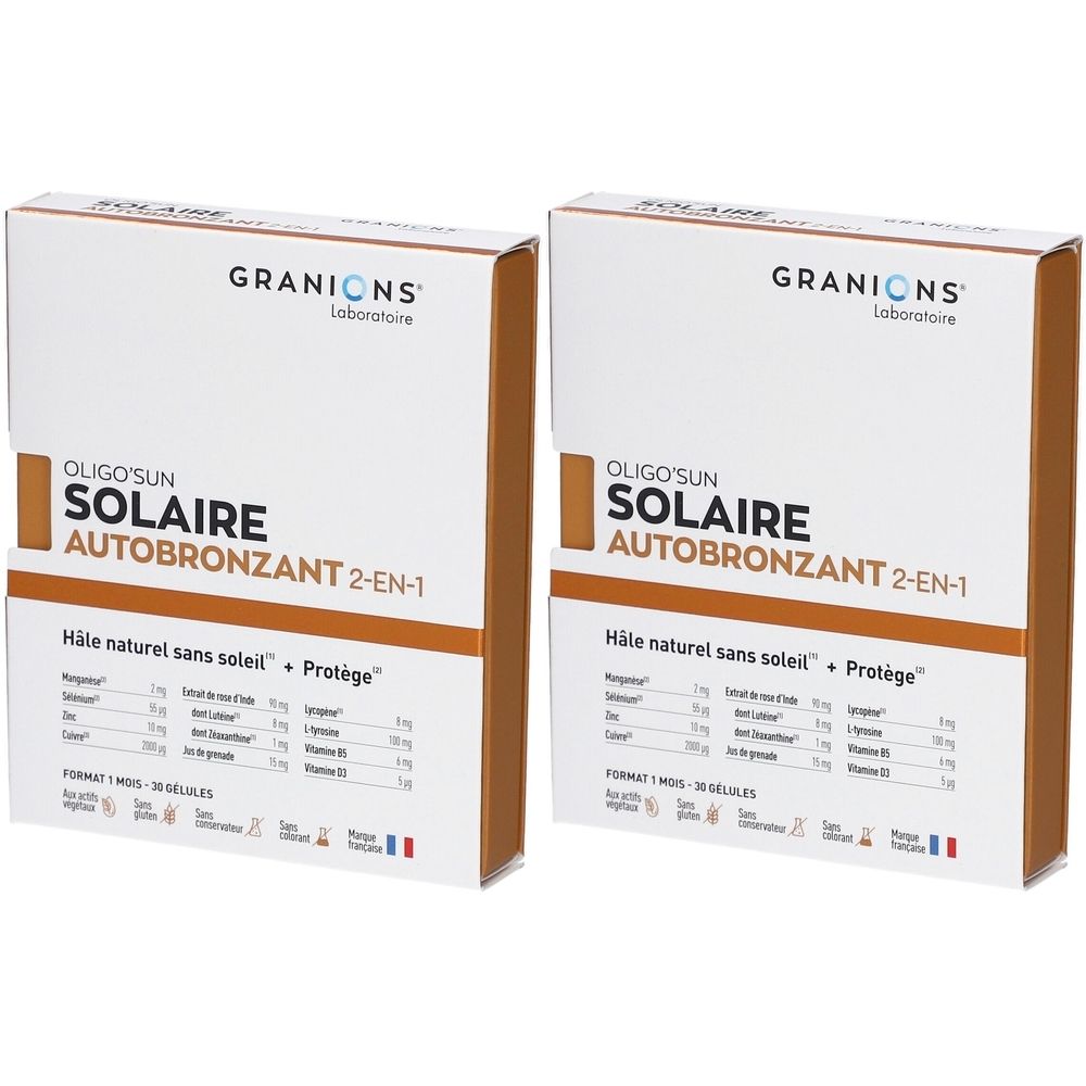 Deux boîtes de GRANIONS Oligo'Sun Solaire Autobronzant 2-en-1. Emballage blanc et marron. Texte : Solaire, Autobronzant.