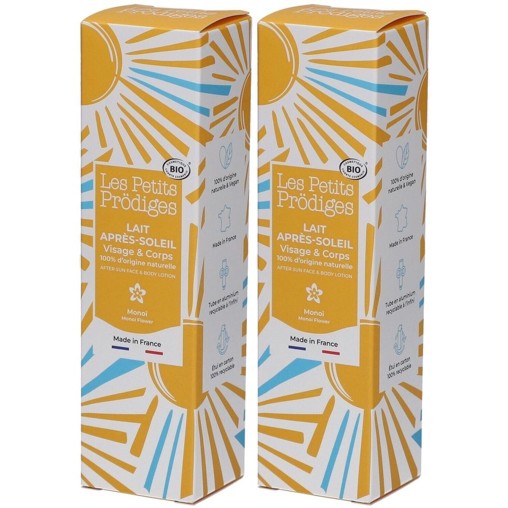 Deux boîtes rectangulaires avec motif soleil. Inscription: Les Petits Prodiges, Lait Après-Soleil Visage & Corps. Certification bio.