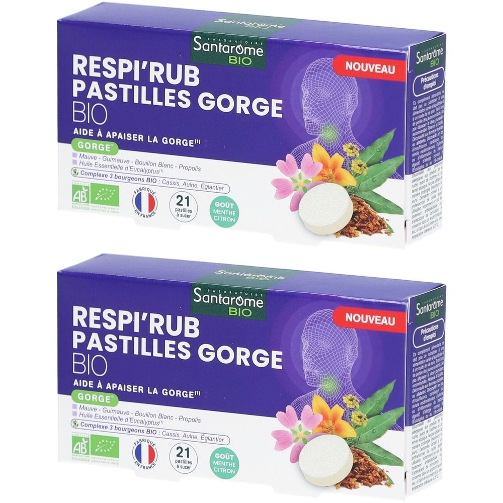 Deux boîtes de Santarome Respi'Rub Pastilles Gorge Bio. Emballage bleu avec nom et logo du produit. Visible : pastilles, fleurs.
