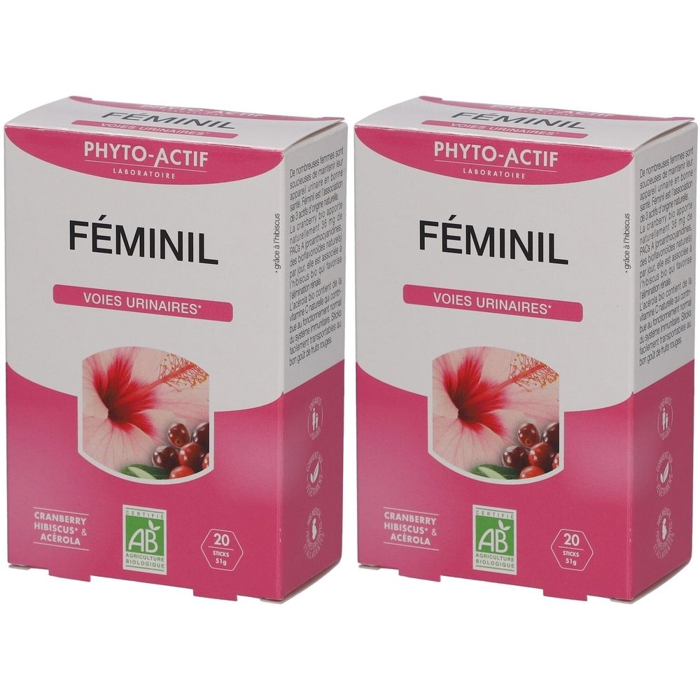 Deux boîtes FÉMINIL. Inscriptions: PHYTO-ACTIF, VOIES URINAIRES, cranberry, hibiscus, acérola. Label AB, 20 unités.