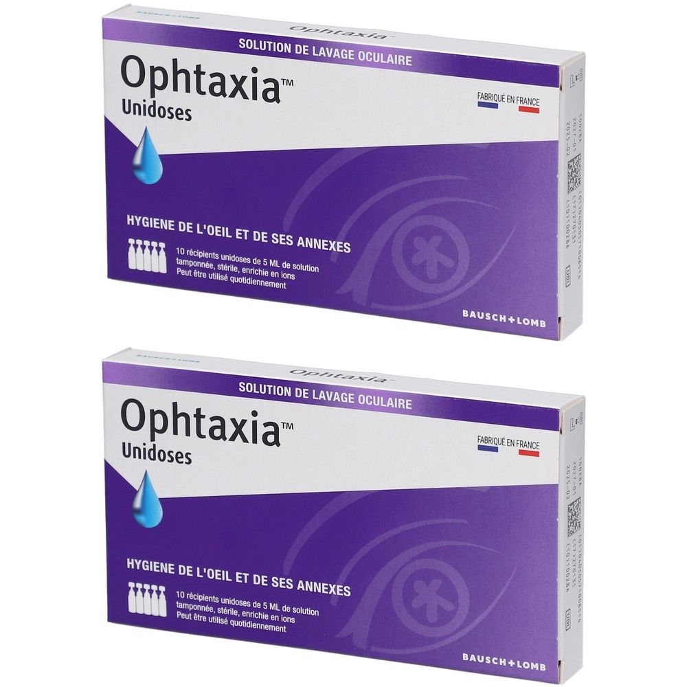 Deux boîtes de Ophtaxia Unidoses. Inscription: SOLUTION DE LAVAGE OCULAIRE, HYGIENE DE L'OEIL ET DE SES ANNEXES. Marque: BAUSCH + LOMB.