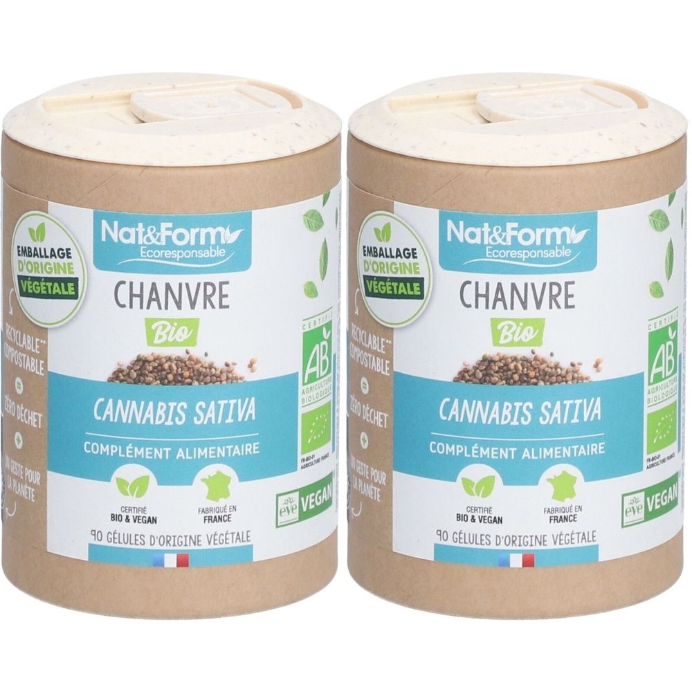 Deux boîtes cylindriques avec couvercles. Inscription: Chanvre Bio, Cannabis Sativa, complément alimentaire. Vegan, certification AB.