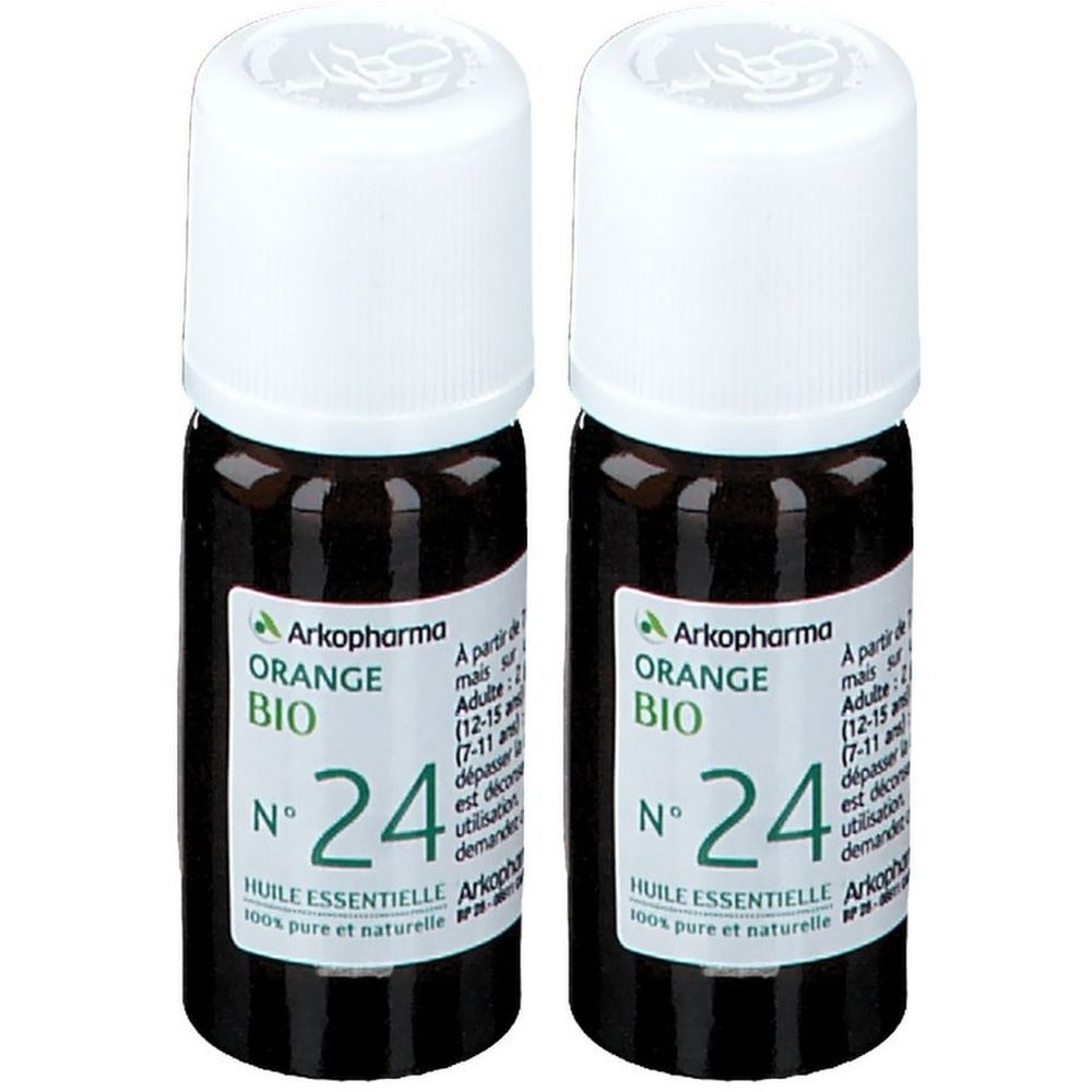 Deux flacons avec bouchon blanc. Étiquette: Arkopharma Orange BIO N°24, Huile Essentielle.