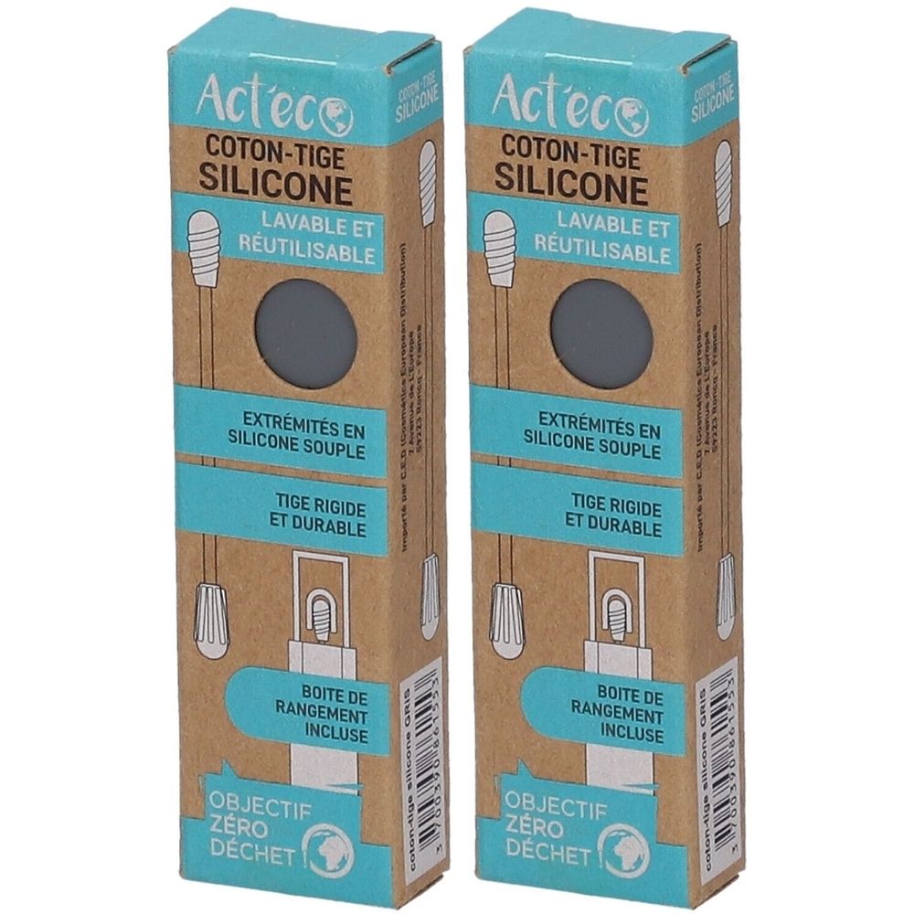 Deux paquets de cotons-tiges en silicone Act'eco gris. Réutilisables, lavables, avec boîte de rangement.