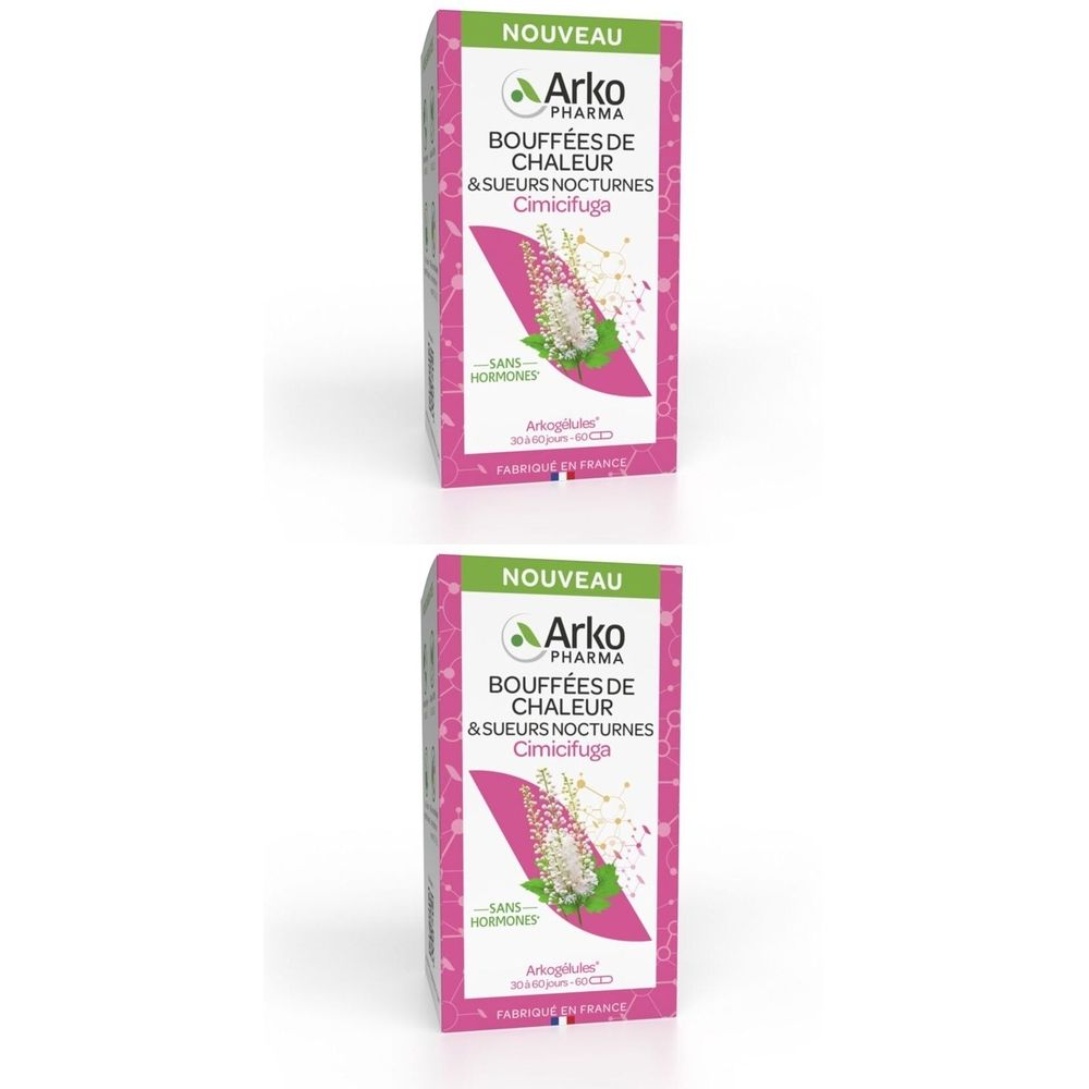 Deux boîtes rectangulaires. Inscription: Arko Pharma, BOUFFÉES DE CHALEUR & SUEURS NOCTURNES Cimicifuga. Design vert et rose.