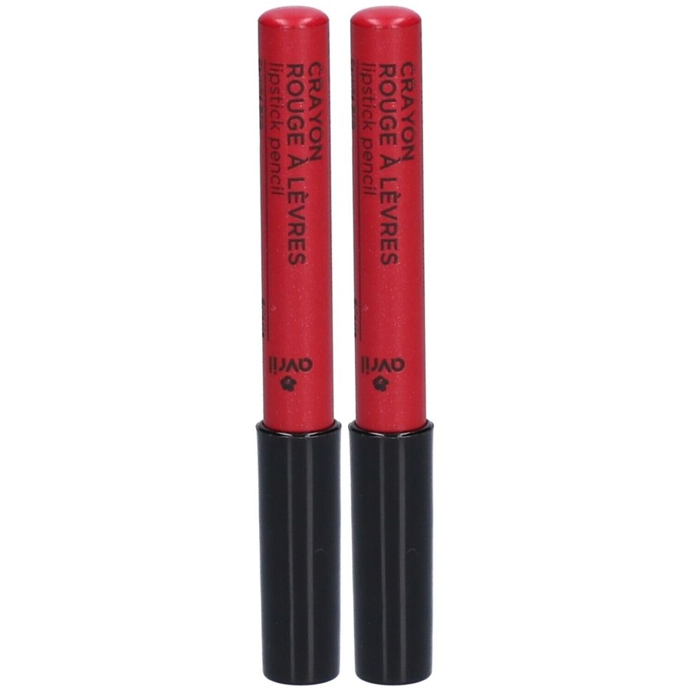 Deux crayons rouges à lèvres avec un corps noir. Inscription: Crayon Rouge à Lèvres, lipstick pencil. Marque Avril.