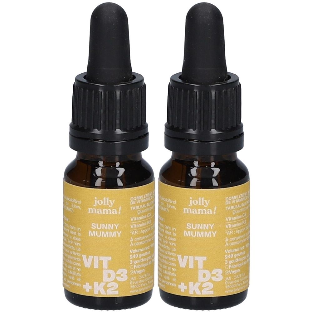 Deux flacons avec pipettes noires. Les étiquettes indiquent "jolly mama! SUNNY MUMMY VIT D3 + K2".