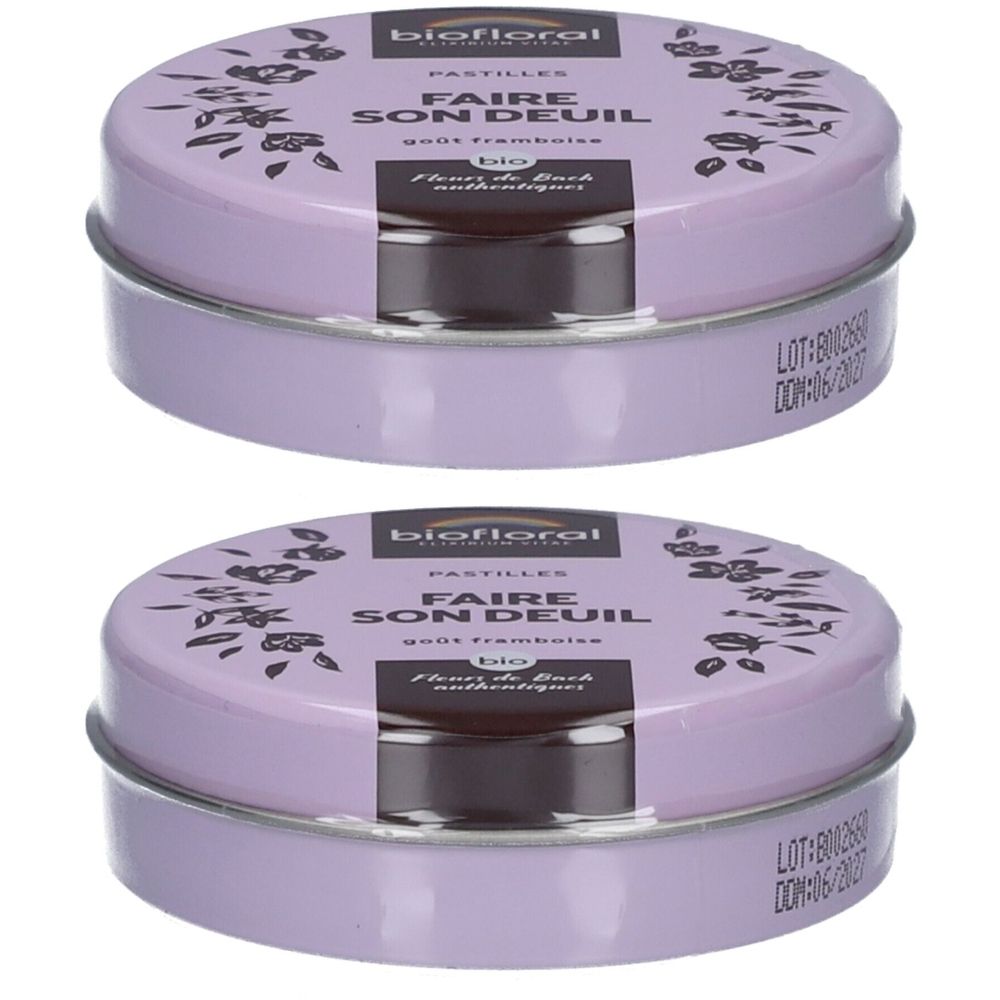 Deux boîtes rondes de pastilles lilas. Inscription: Faire Son Deuil, Biofloral. Motifs floraux et texte sur le couvercle.