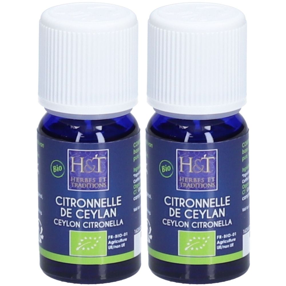 Deux flacons en verre bleu avec bouchons blancs. Étiquettes avec "CITRONNELLE DE CEYLAN" et logo "BIO".