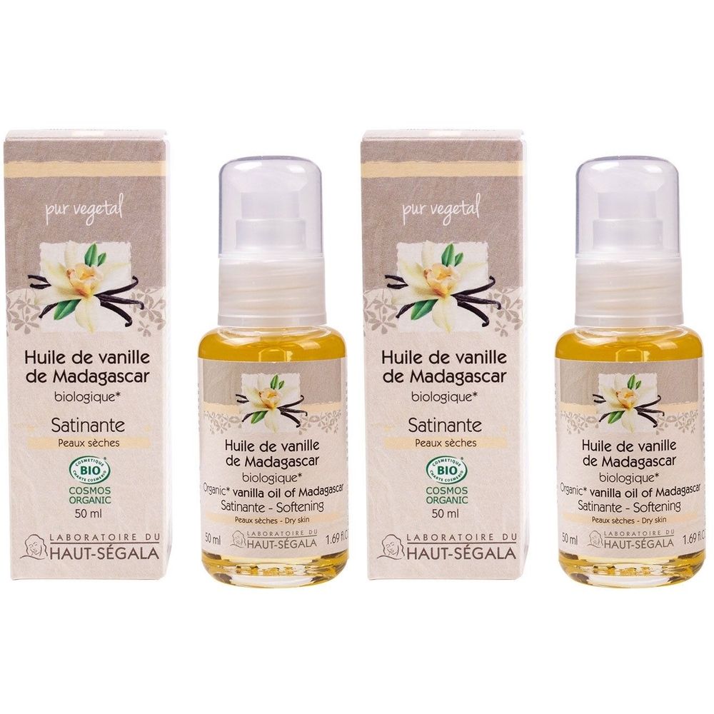 Deux flacons d'huile de vanille de Madagascar bio par Laboratoire du Haut-Ségala, 50ml.