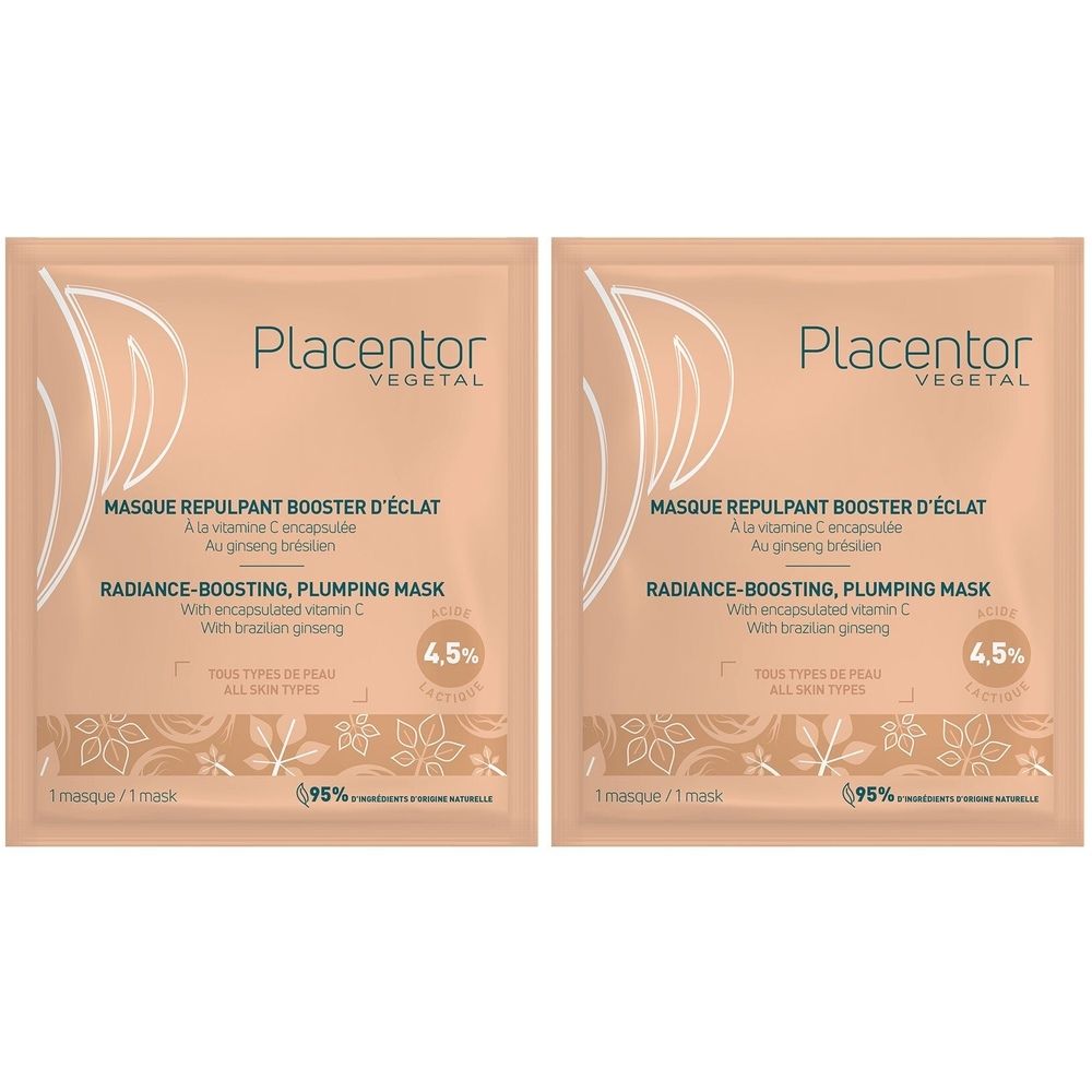 Deux sachets carrés "Placentor Vegetal". Texte: Masque Repulpant Booster d'Eclat, Radiance-Boosting, Plumping Mask. Contient 4,5% d'ingrédients.