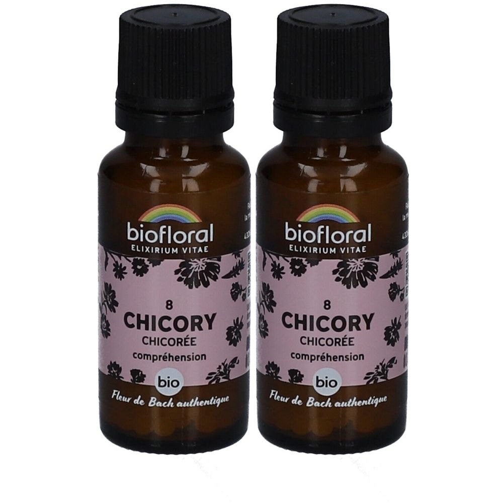 Deux flacons en verre brun avec bouchons noirs. Étiquettes avec "biofloral", "8 CHICORY CHICORÉE", "Fleur de Bach authentique" et un label bio.