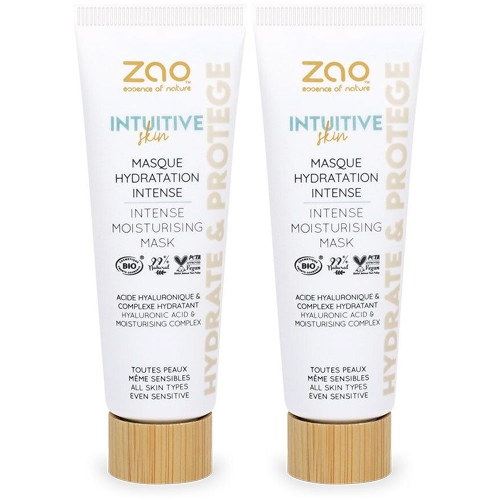 Deux tubes de masque hydratant Zao. Tubes blancs avec texte. Bouchon en bois clair. Certifications Bio et Vegan visibles.