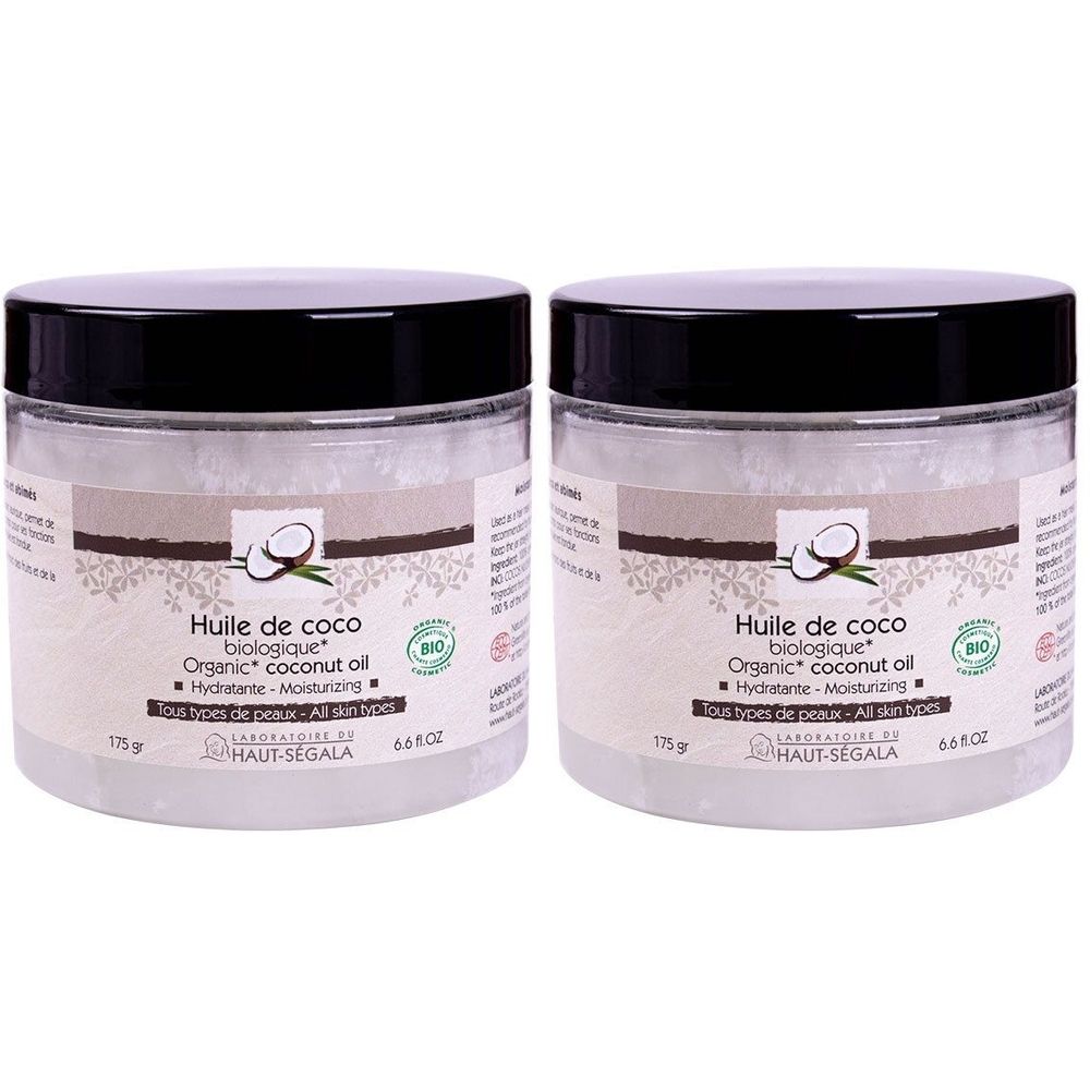 Deux pots d'huile de coco avec couvercles noirs. Inscription: Huile de coco biologique, Organic coconut oil, Laboratoire du Haut-Ségala.