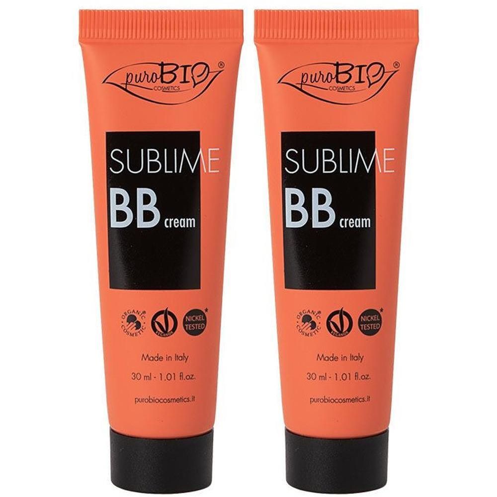 Deux tubes de crème BB. Tubes orange avec texte noir. Inscription: SUBLIME BB cream. Marque: puroBIO. Avec certifications.