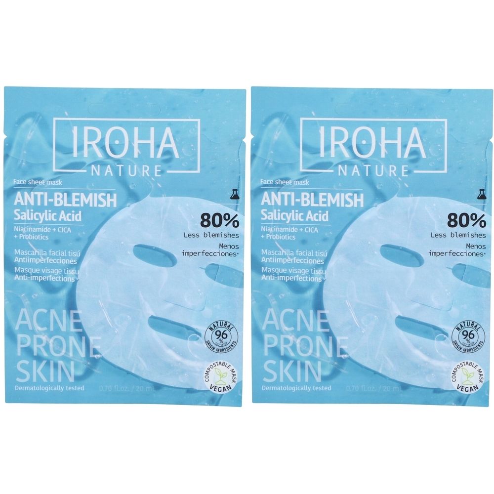 Deux masques faciaux IROHA Anti-Imperfect Tissue pour peaux à tendance acnéique avec acide salicylique.