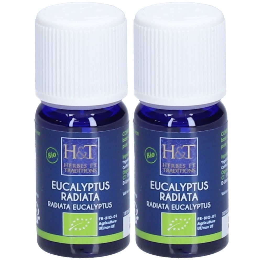 Deux flacons bleus avec bouchons blancs. Étiquettes : "H&T HERBES ET TRADITIONS EUCALYPTUS RADIATA BIO". Label bio.