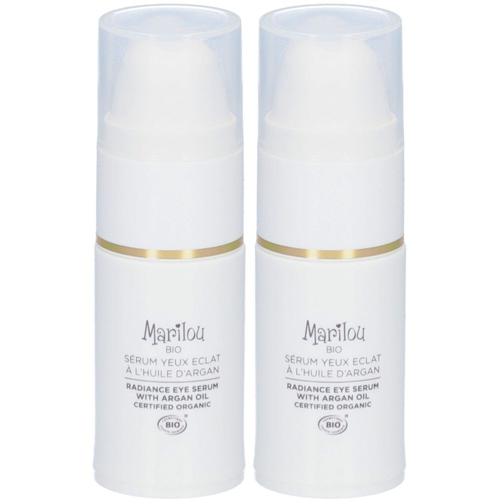 Deux flacons blancs avec des anneaux dorés et des bouchons transparents. Inscription : Marilou, Sérum Yeux Eclat, à l'huile d'argan, certification bio.