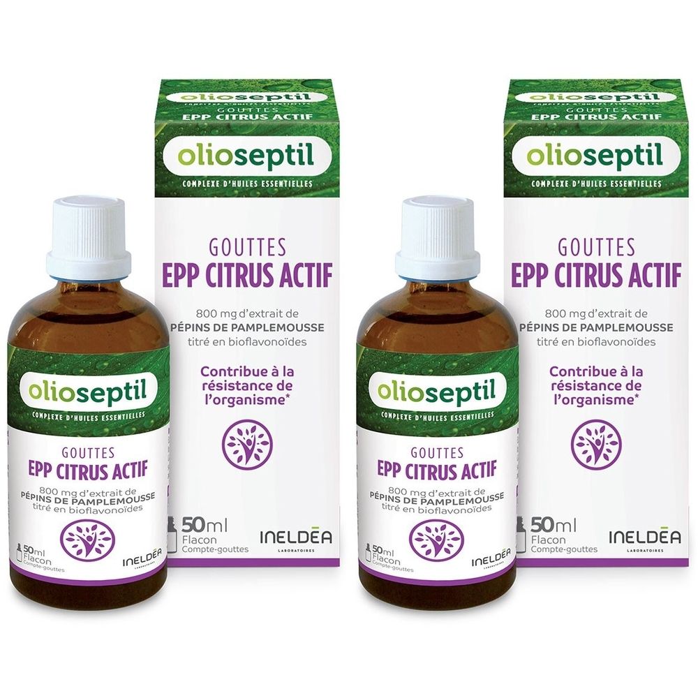 Deux flacons avec bouchon blanc et étiquette, accompagnés de deux boîtes. Texte: EPP Citrus Actif. Ingrédients et informations en français.