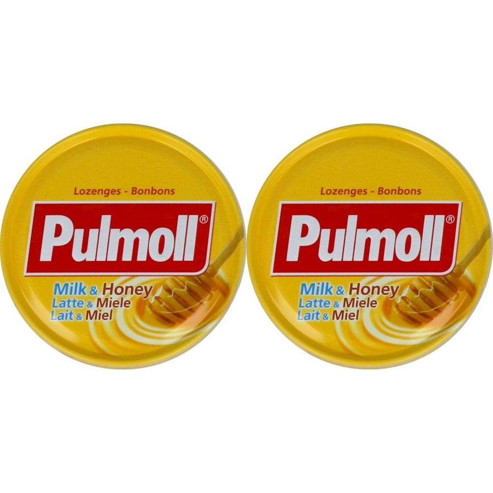 Deux boîtes rondes jaunes avec le logo Pulmoll. Inscription : Milk & Honey, Latte & Miele, Lait & Miel. En haut : Lozenges - Bonbons.
