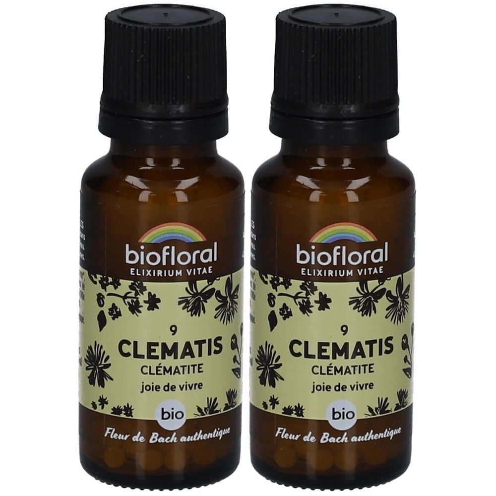 Deux flacons en verre brun avec bouchons noirs. Étiquettes avec "BIOFLORAL", "CLEMATIS", "bio" et motifs floraux.