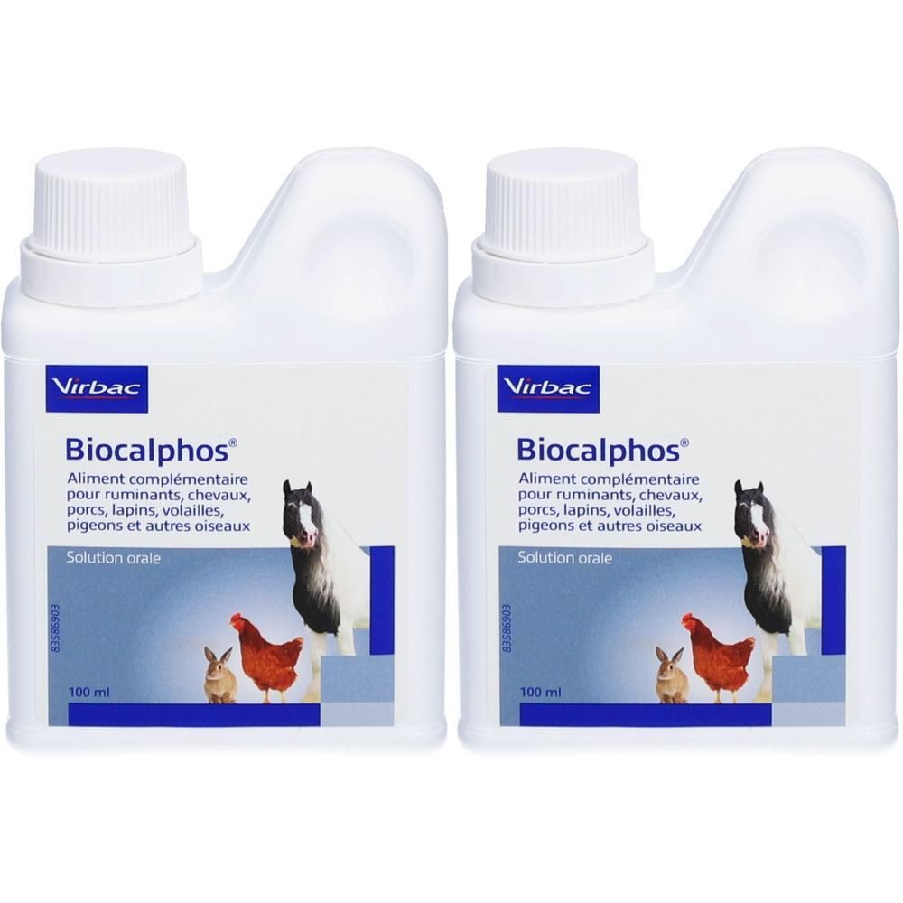 Deux flacons de Biocalphos, solution orale pour animaux. Images de cheval, lapin et poule.