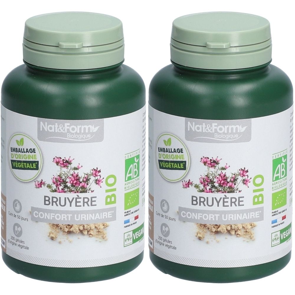Deux flacons verts avec étiquettes blanches. On lit "BRUYÈRE CONFORT URINAIRE" et "BIO".