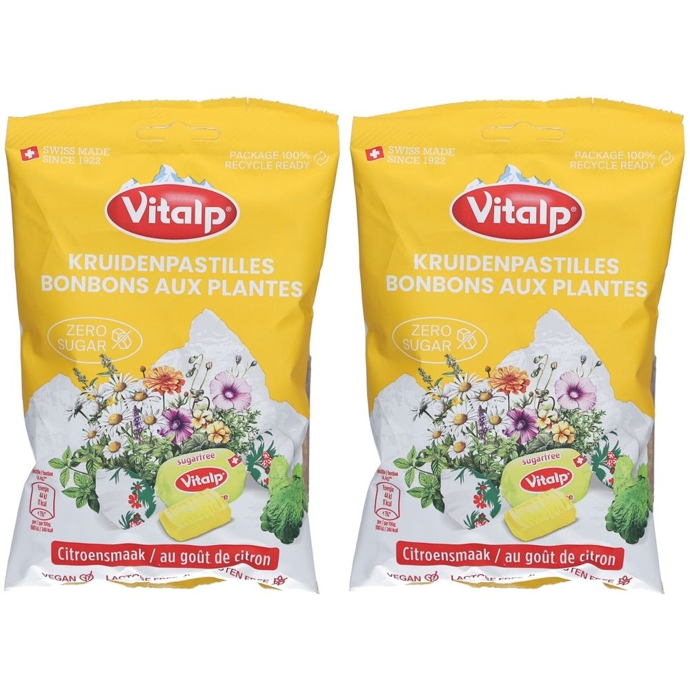 Deux sachets jaunes de bonbons aux plantes. Inscription: Vitalp, pastilles aux plantes, sans sucre. Image de fleurs et goût citron.