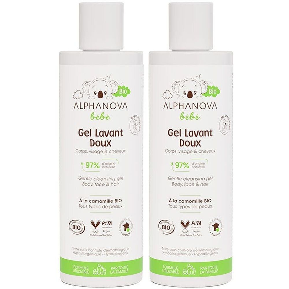 Deux flacons de Gel Lavant Doux ALPHANOVA bébé avec logo koala. 97% d'ingrédients naturels.