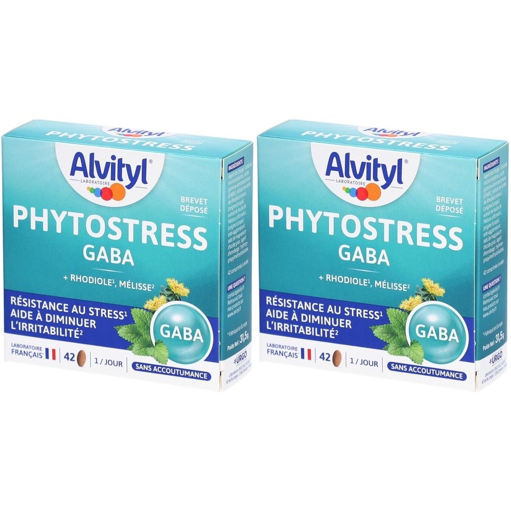 Deux boîtes de Alvityl Phytostress. Inscription: PHYTOSTRESS GABA. Aide au stress et à l'irritabilité. Avec Rhodiola et Mélisse. Français.