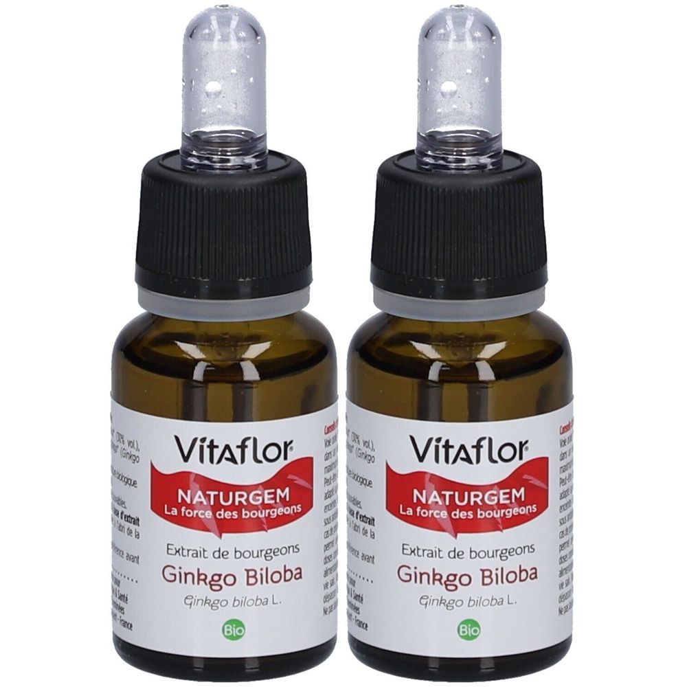 Deux flacons en verre brun avec bouchons noirs et pipettes. Étiquettes : "Vitaflor NATURGEM Ginkgo Biloba Bio".