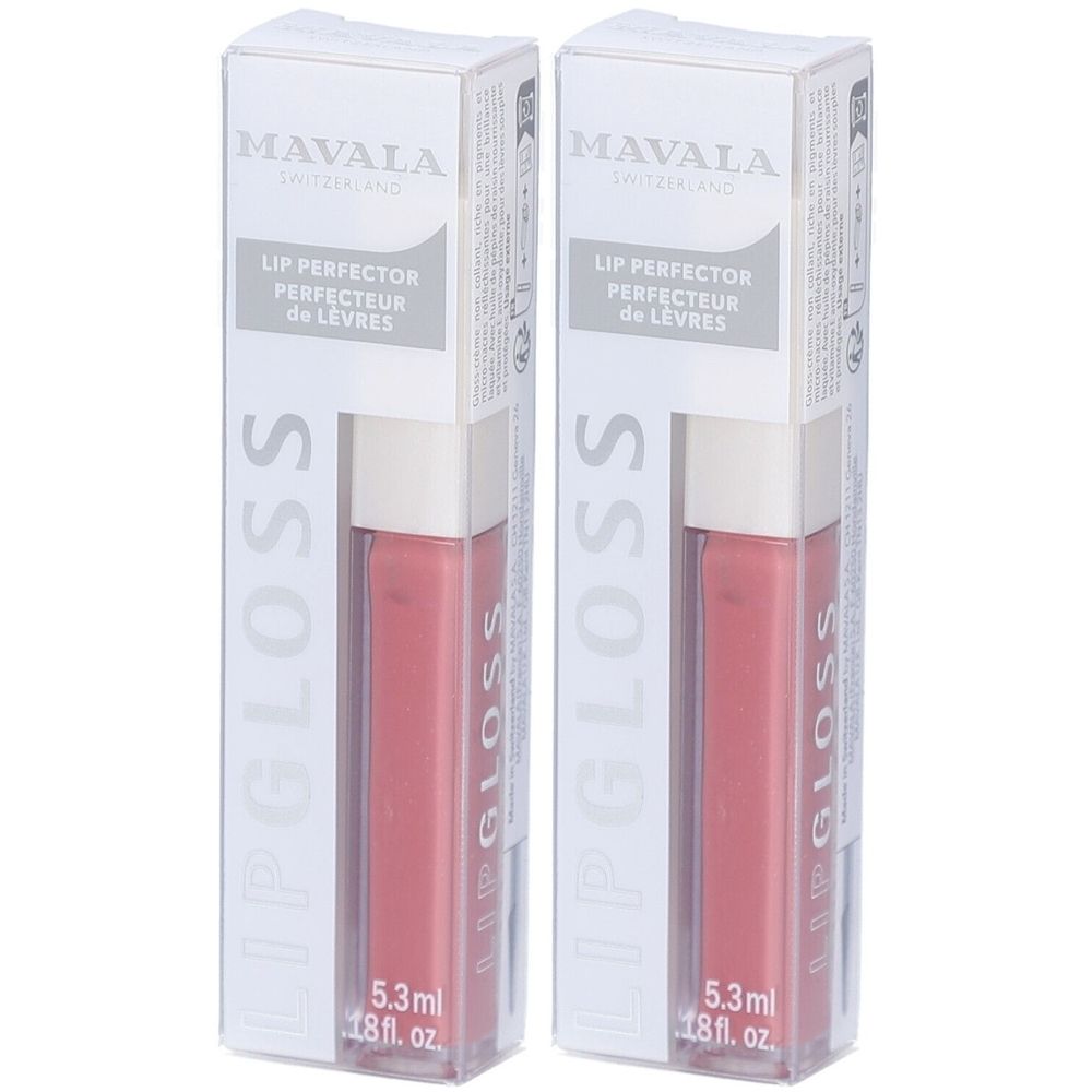 Deux flacons de gloss avec emballage. Inscription : MAVALA, LIPGLOSS, LIP PERFECTOR. Contenu : 5,3 ml.