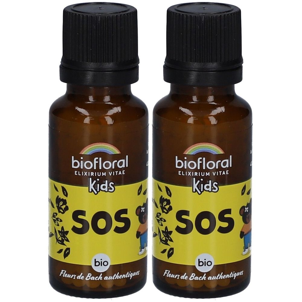 Deux flacons en verre brun avec des bouchons noirs. Les étiquettes indiquent "biofloral Kids SOS".