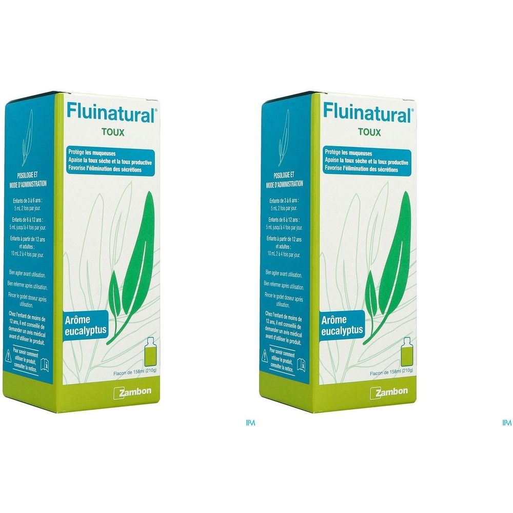 Deux boîtes vertes et blanches. Inscription: Fluinatural TOUX. Avec des feuilles vertes et le logo Zambon.