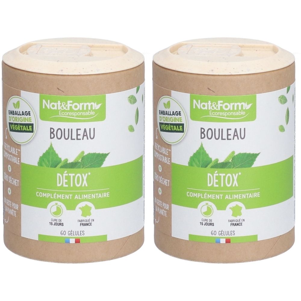 Deux boîtes cylindriques avec l'inscription "BOULEAU DÉTOX". Étiquettes vertes et blanches. "COMPLEMENT ALIMENTAIRE". Fabriqué en France. 60 gélules.