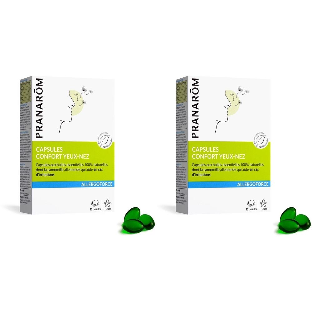 Deux boîtes de PRANAROM Allergoforce Capsules. Inscription: CAPSULES CONFORT YEUX-NEZ. Capsules vertes à côté.
