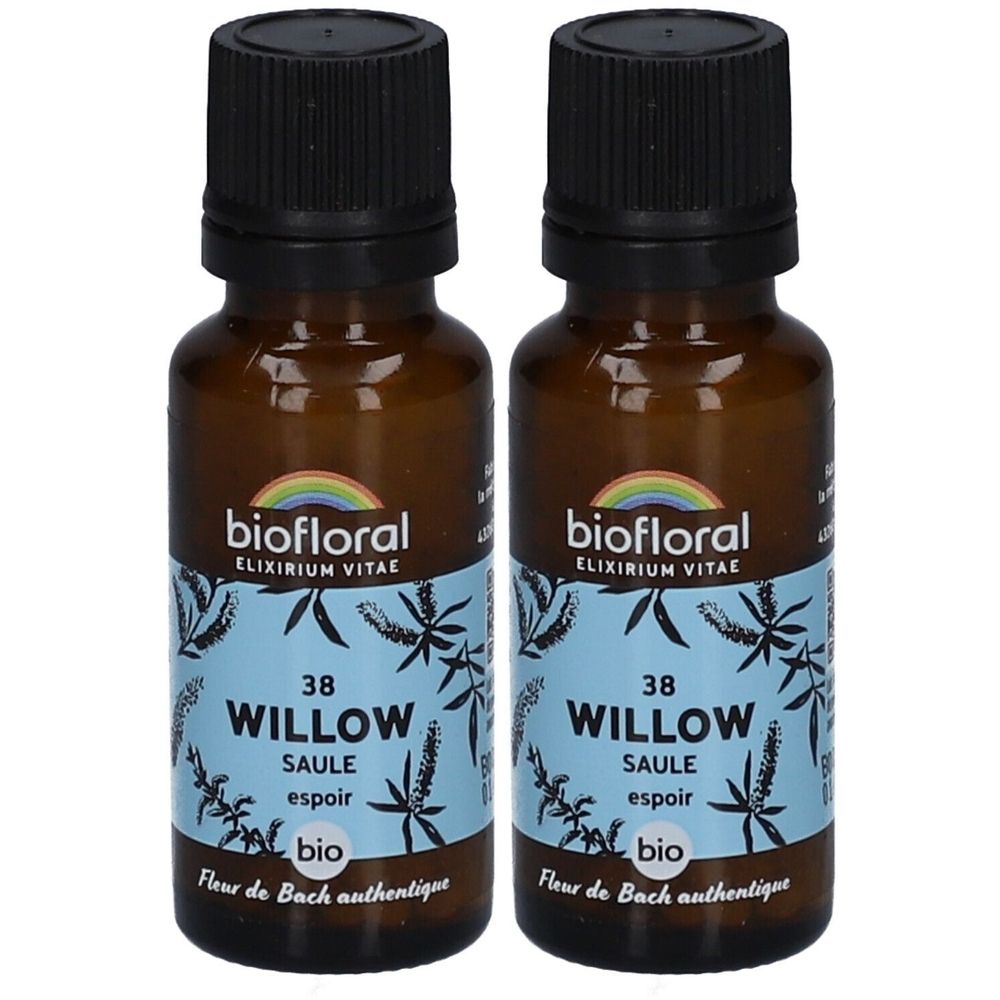 Deux flacons en verre brun avec bouchons noirs. Étiquettes : "biofloral", "38 WILLOW SAULE espoir bio".