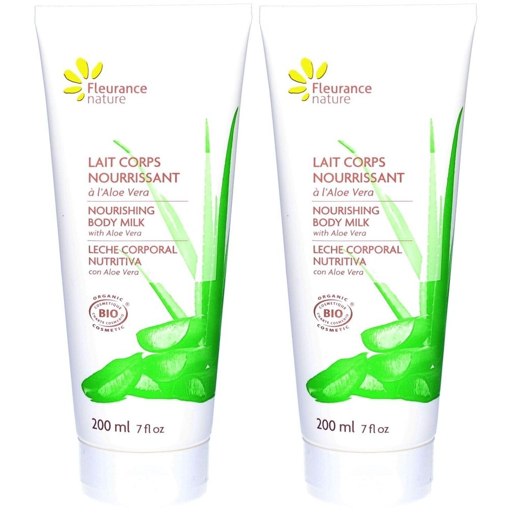 Deux tubes de lait corporel. Inscription : Lait Corps Nourrissant à l'Aloe Vera. Avec label bio. 200 ml.