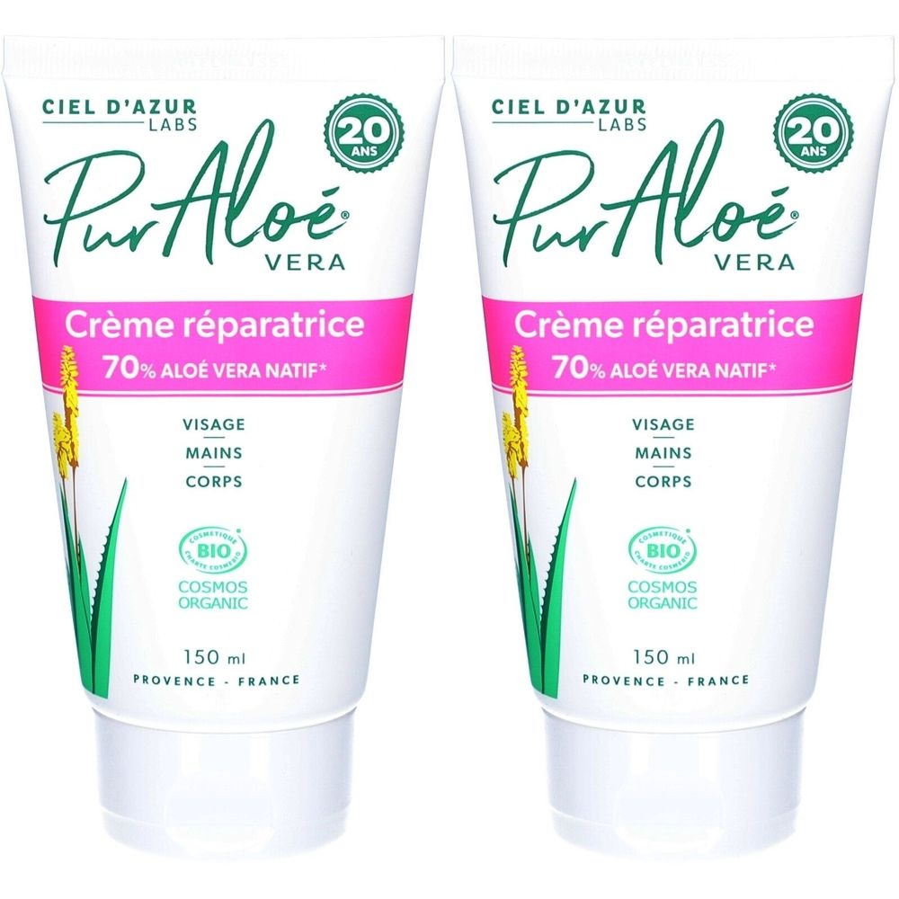 Deux tubes de CIEL D'AZUR PurAloeé Crème réparatrice, 70% Aloe Vera Natif, 150 ml.