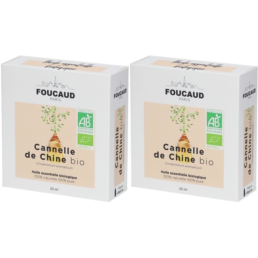 Deux boîtes blanches avec informations produit. Inscription: FOUCAUD PARIS, Cannelle de Chine bio, label AB. Huiles essentielles 100% naturelles et pures.