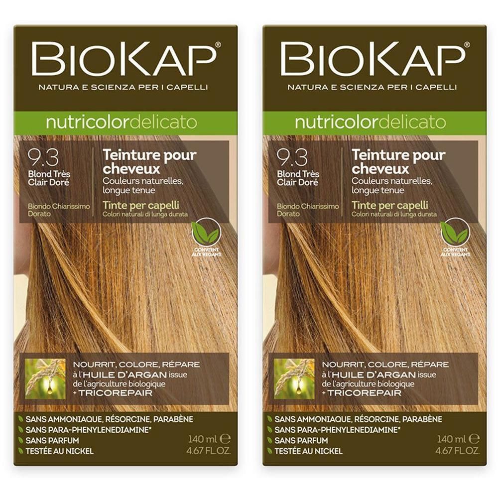 Deux boîtes de teinture capillaire BIOKAP. Inscription: nutricolordelicato, 9.3 Blond Très Clair Doré. Sans ammoniaque, résorcine, parabène.