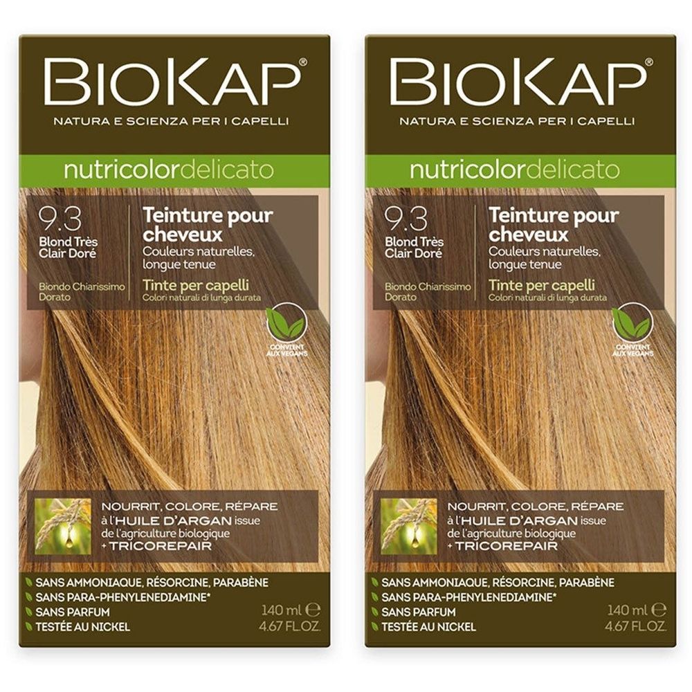 Deux boîtes de teinture BIOKAP Nutricolor Delicato 9.3 Blond Très Clair Doré. Sans ammoniaque, résorcine, parabènes.