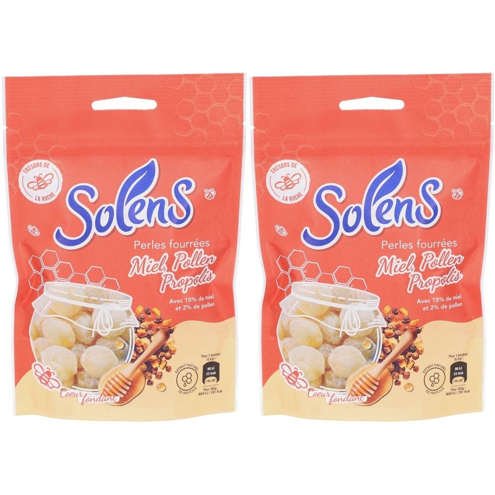 Deux sachets de SOLENS Perles Fourrées. Inscription: Miel, Pollen, Propolis. Illustration de rayons de miel et cuillère à miel. Emballage rouge.