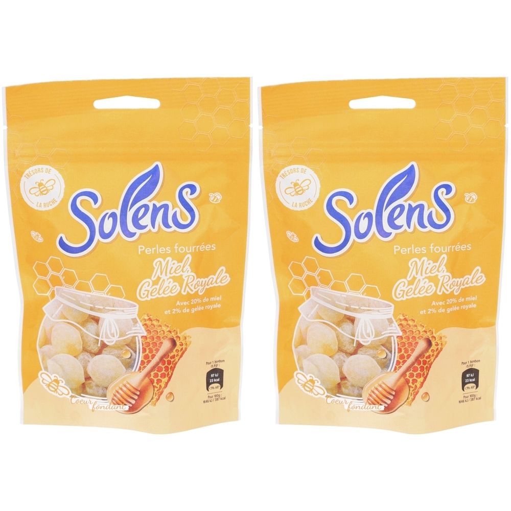 Deux sachets de SOLENS Perles Fourrées Miel Gelée Royale. Emballage jaune avec image du produit et texte. Ruche et cuillère à miel.