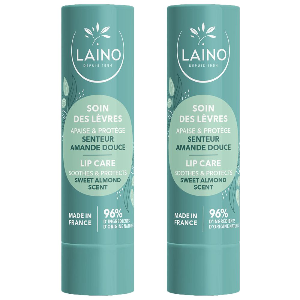 Deux sticks Laino Soin des Lèvres Amande Douce. Fabriqué en France, 96% d'ingrédients d'origine naturelle.